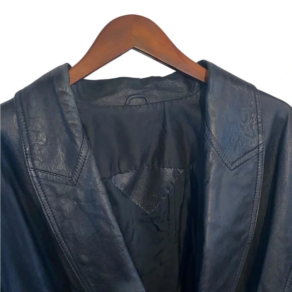 Vintage 80s 90s  Black Leather Jacket shoulder pads Animal Print Detail